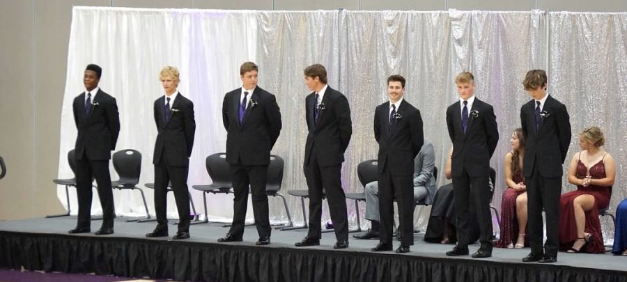 New Ulm homecoming court king candidates before the crowing of king Marcarious Amoah.