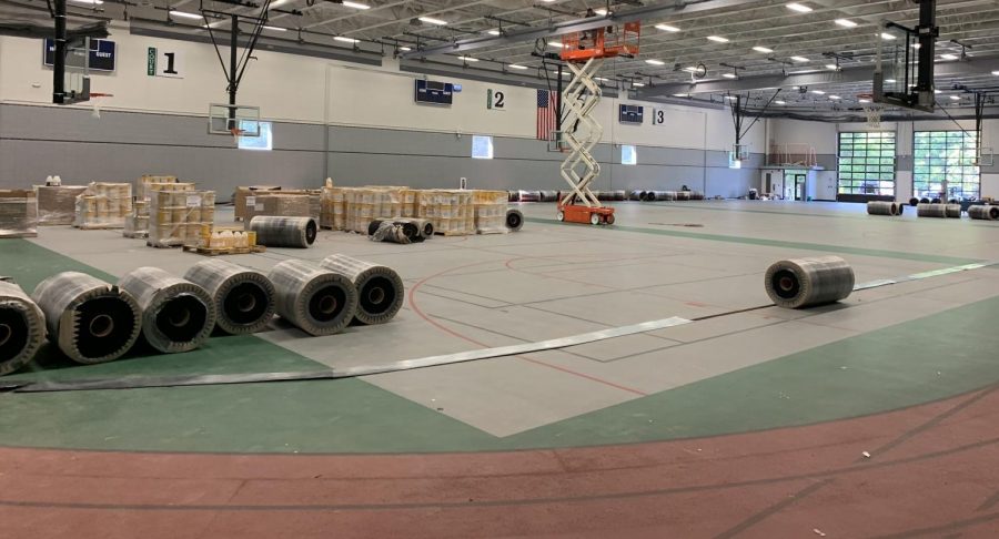 Vogel Arena's basketball court and track being renovated.