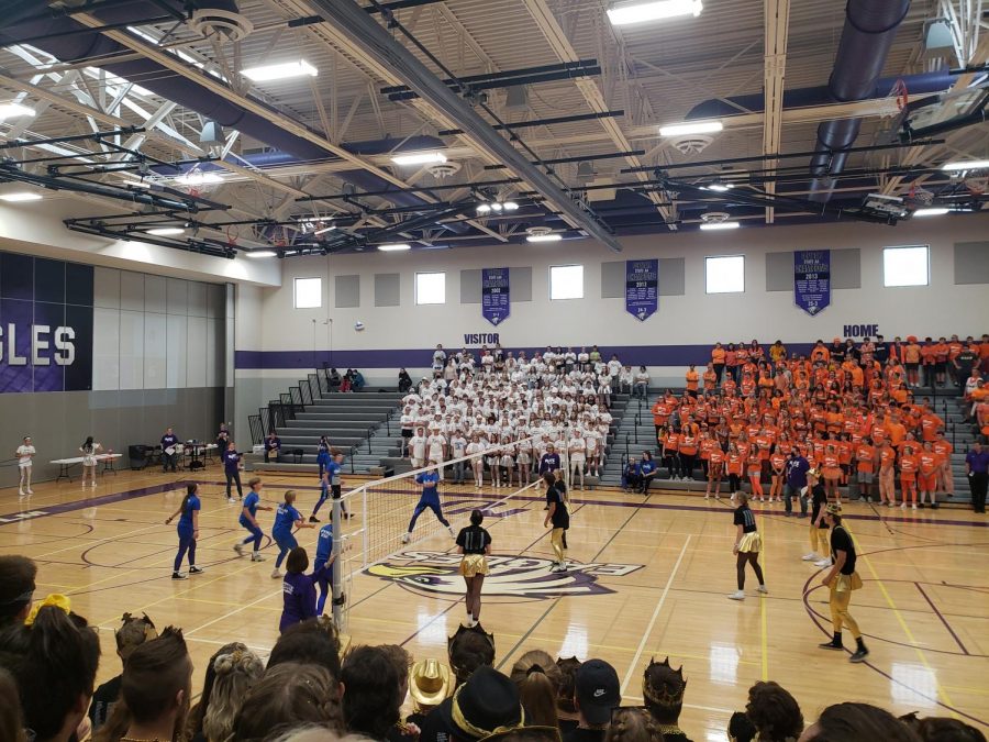 An intense volleyball game between the seniors and sophomores during BOTC.