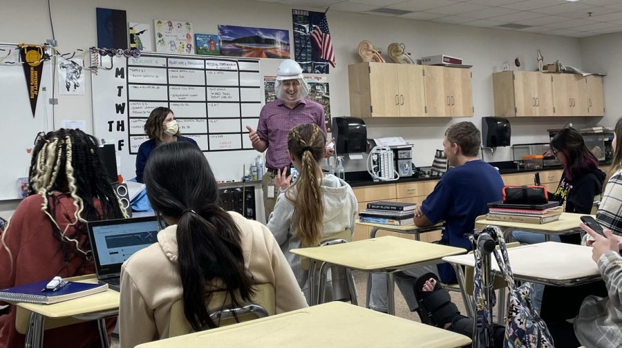 Mr. Nelson tries on the CAPR with guest speaker, Kari Pagel of the New Ulm Medical Center.