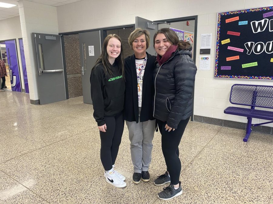 Senior Abbi Helget and Tatianna Rudolph dress in black for class color day. Black is PE / Health. With their favorite health teacher Mrs. Longtin!!