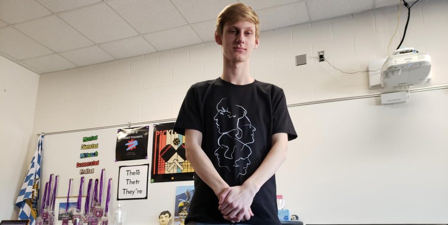 Senior Tanner Dorschner wearing his famous Beatles shirt. 