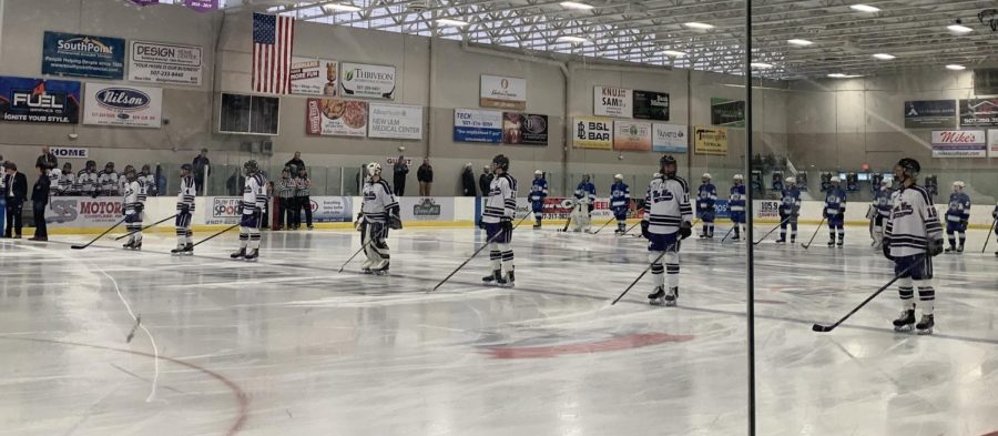 New Ulm boys hockey seniors announced before the start of the game on Saturday January 8th. It was hockey day in New Ulm on Saturday. The Varsity Eagles beat Minnesota River 3-1 now making their record 10-3. Head coach Ryan Newman was awarded a signed stick from the team celebrating his 100th win. 