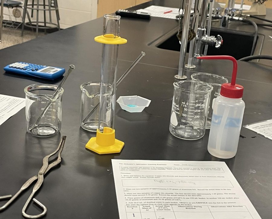 Students in Ms. Filzens class on Tuesday work on a lab on how copper and aluminum react together. It is always nice to get out of our desks and get into to the lab and get to work with different people, Keenan Davis said. In the lab students mixed together copper and aluminum then had to separate them.