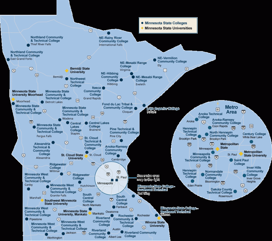 Map of various community and technical colleges in MN