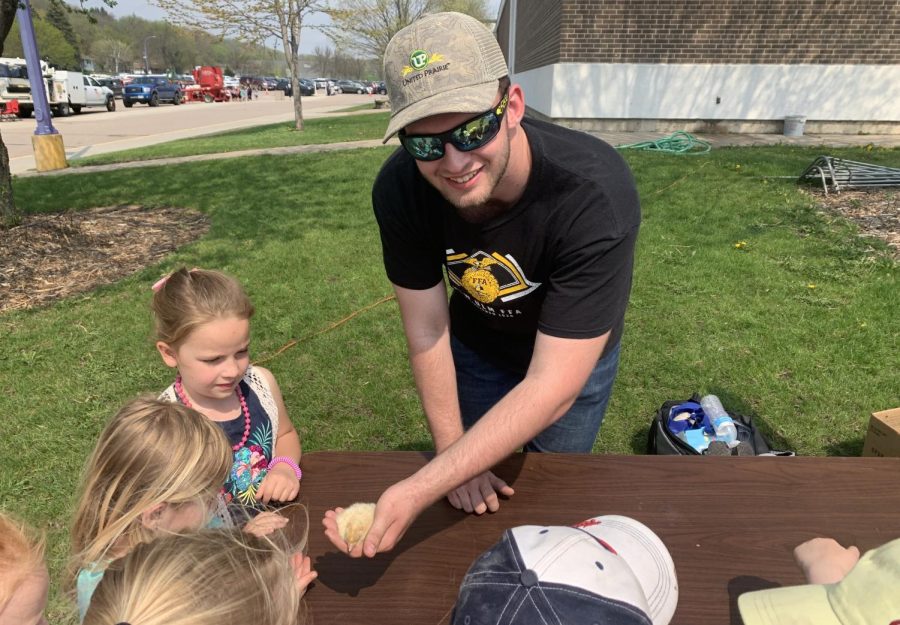 FFA member and NUHS senior Tyler Sondag holds out a turkey chick for the group of NU first graders he's tour guiding through the 2022 spring AG show. 