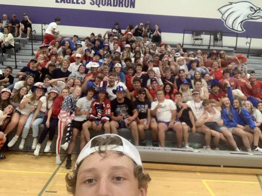 students get together dressed in USA theme to support the volleyball team. 