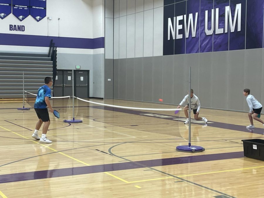 Sophmores Ian Brudelie and Brecken Newman take on juniors Joey Kotten and Ethan Neet in pickle ball. Ian Brudelie enjoys the challenge of playing as he says, "If it doesn't challenge you, it doesn't change you." The winner of the juniors and sophomores will go on to play the winner of the freshman and seniors during battle of the classes.