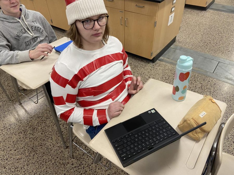 Junior Pearl Kowalke dressed as "Where's Waldo?" this year for Halloween.