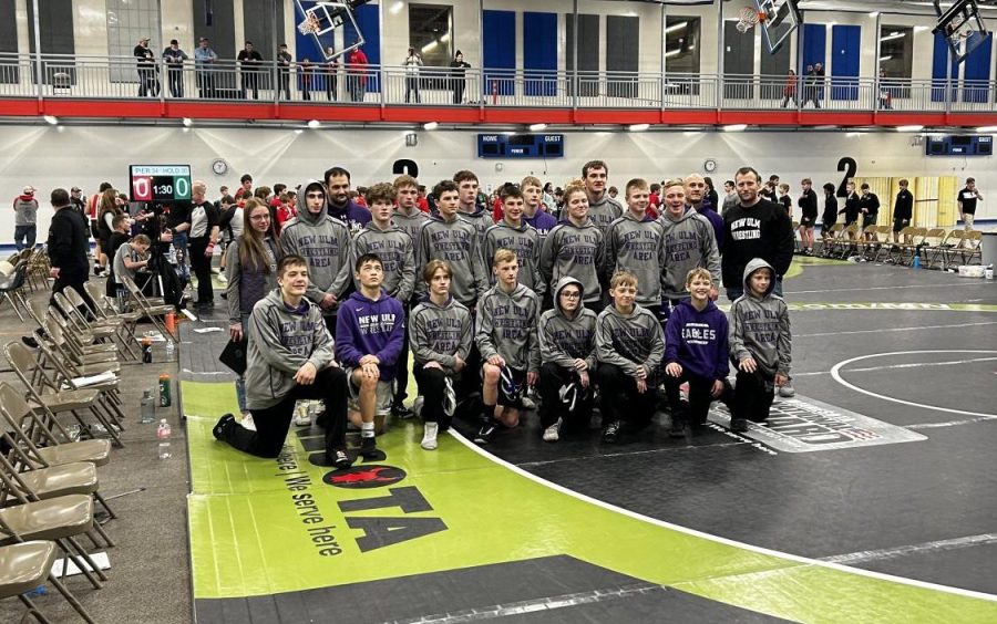 New Ulm's 9th grade wrestling team gathered together at the team state tournament.