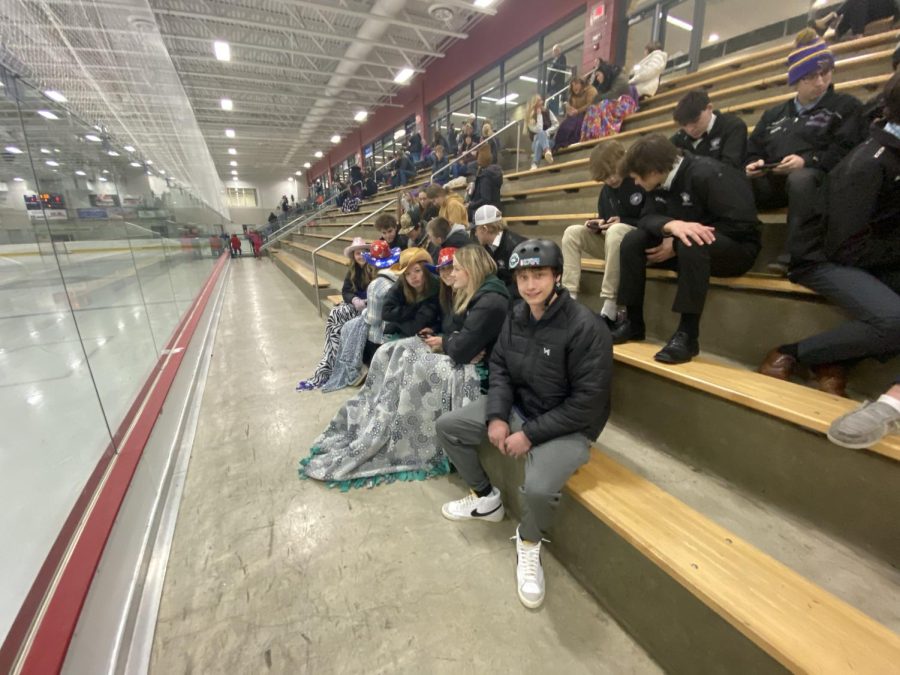 New Ulm Eagles student section showing off their crazy hats at the varsity hockey game on Tues, Jan. 10.