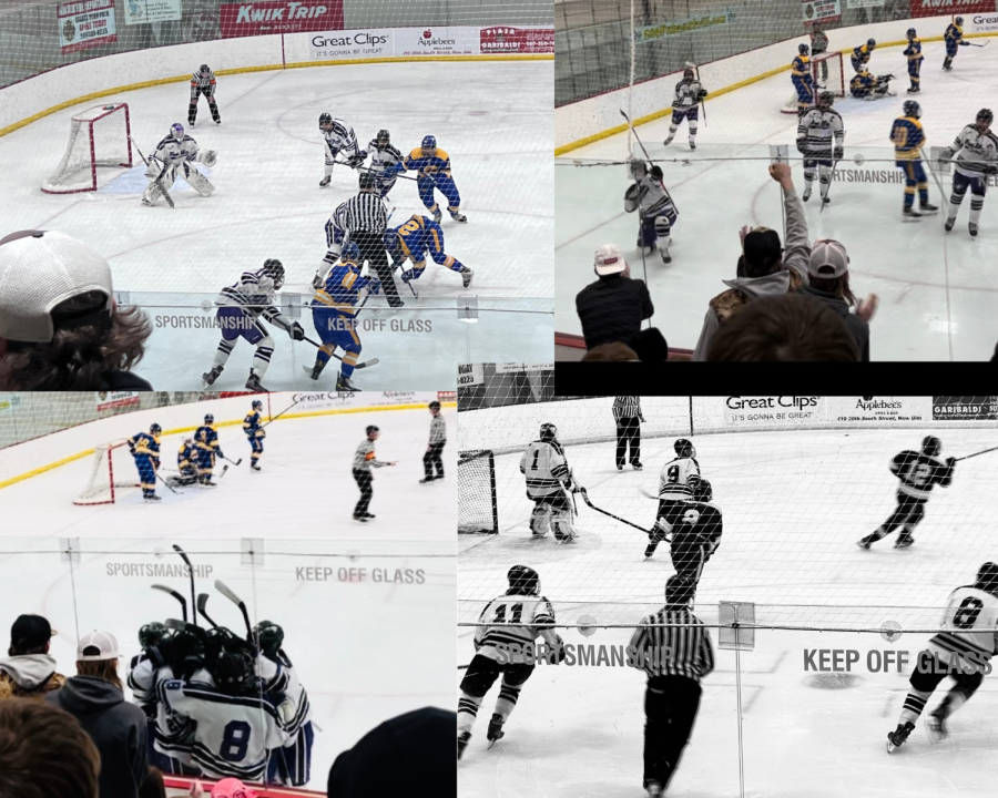 The New Ulm Eagle's Boys hockey faced off against Windom Monday 23,2023 at 7:00 pm at the New Ulm Civic Center. Bottom pictures #8 Blake Soukup and #11 Braxton Hoffmann of the Eagles. Top left  #2 Brady Espenson from Windom and bottom right  #12 Sonny Heil from WIndom. Junior Lily McGuire said, ''You could see the emotion on the ice; it was a very physical game.''  With five minutes left Ian Brudelie #10 scored the game winning shot for the Eagles. The game was part of the big south conference. The Eagles will face off against Windom, February 3, 2023 at 7:30 pm at Windom arena. 