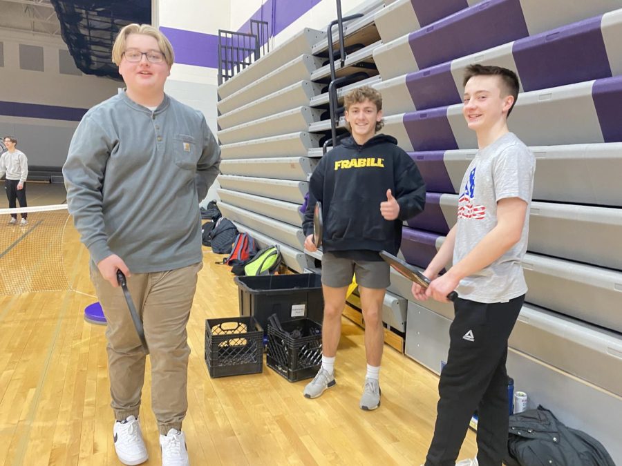 Everett Brown, Bryer Hoffmann and Carson Boe fire up for the annual all-school Pickleball Tournament.