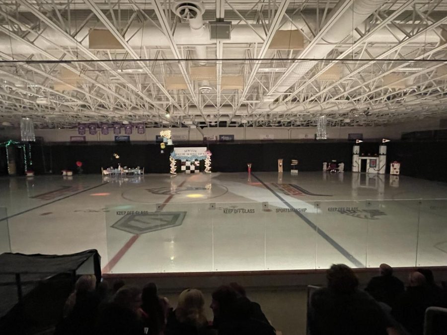 Set of New Ulm figure skating clubs show set for Alice in Wonderland.