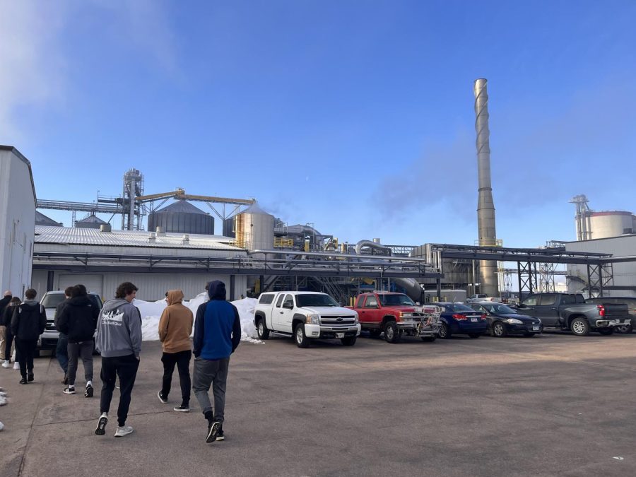 Advanced natural resource students arrive at Heartland Corn Products ethanol plant for a field trip.