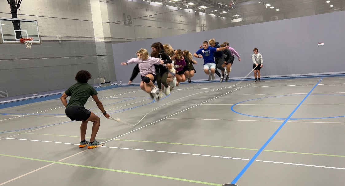 Students from New Ulm Public, Cathedral, MVL, and ALC gathered for their first session of Network New Ulm recently at the New Ulm Recreational Center. Students participated in group discussions from guest speakers and engaged in team bonding activities, one of them being team jump roping. "I really enjoyed getting to know kids from other schools and can't wait for the next session", New Ulm Public Junior Camryn Murphy said. (Photo by Sarah Seifert)