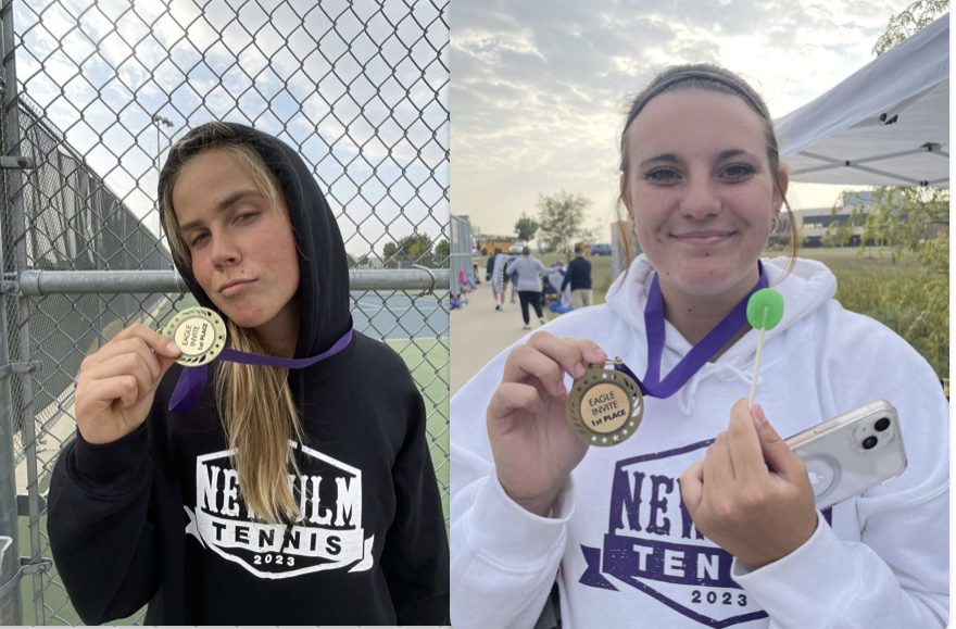 No. 1 singles player Karlee Prahl and No.2 singles player Lydia King pose with their medals after winning in the tennis jamboree this weekend. On Saturday, New Ulm hosted the seasonal tennis jamboree invitational with Tri-City United, River Valley, and Redwood Valley; and after all the smoke settled New Ulm's No.1 and No.2 singles came out on top with their medals. Head tennis coach Mr. Engeldinger commented on the win by saying, "They're our own dynamic duo."