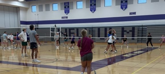 Early in the morning in the NUHS gym, juniors, Mia, Brody, Maddox, Morgan, Kenzie, and Colton play against the sophomores to see who is moving on to the volleyball final.



