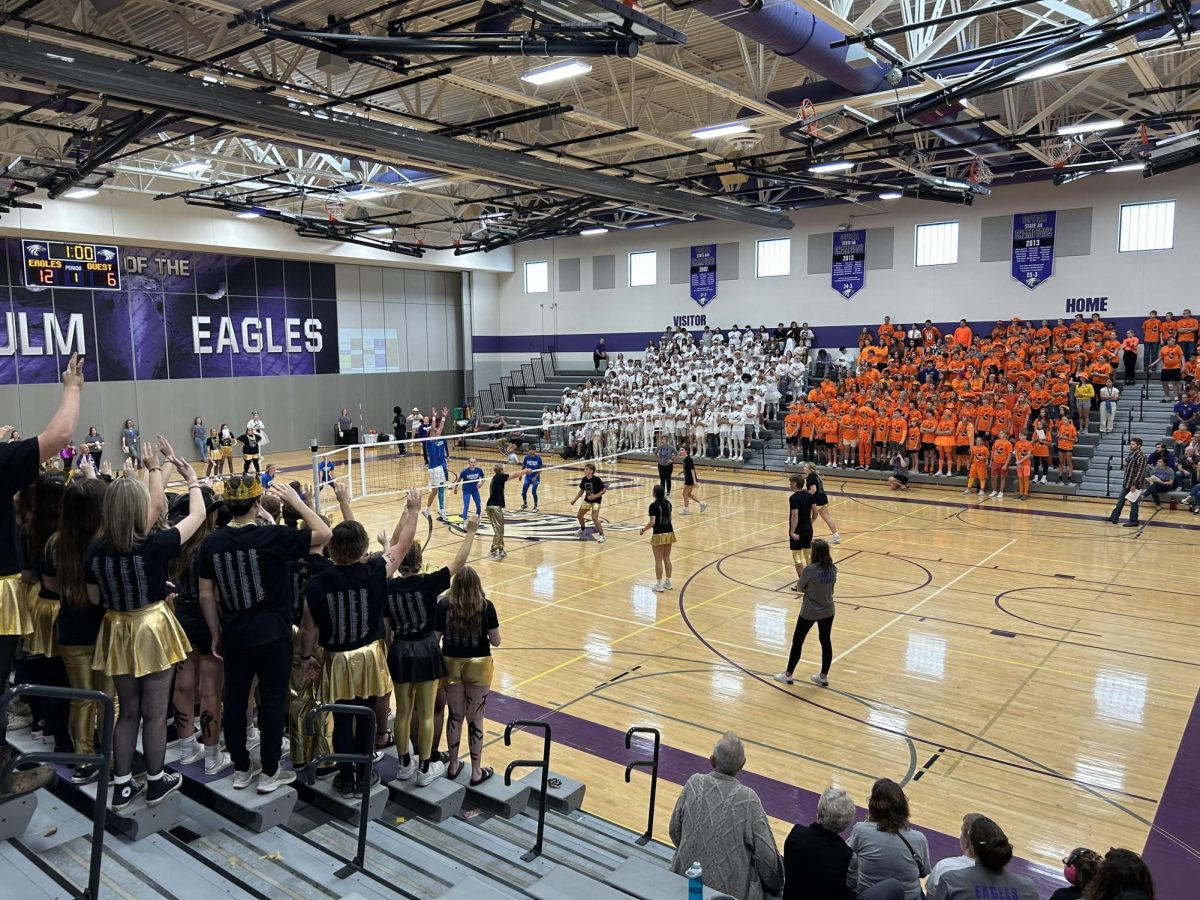 Seniors and Sophomores playing volleyball.