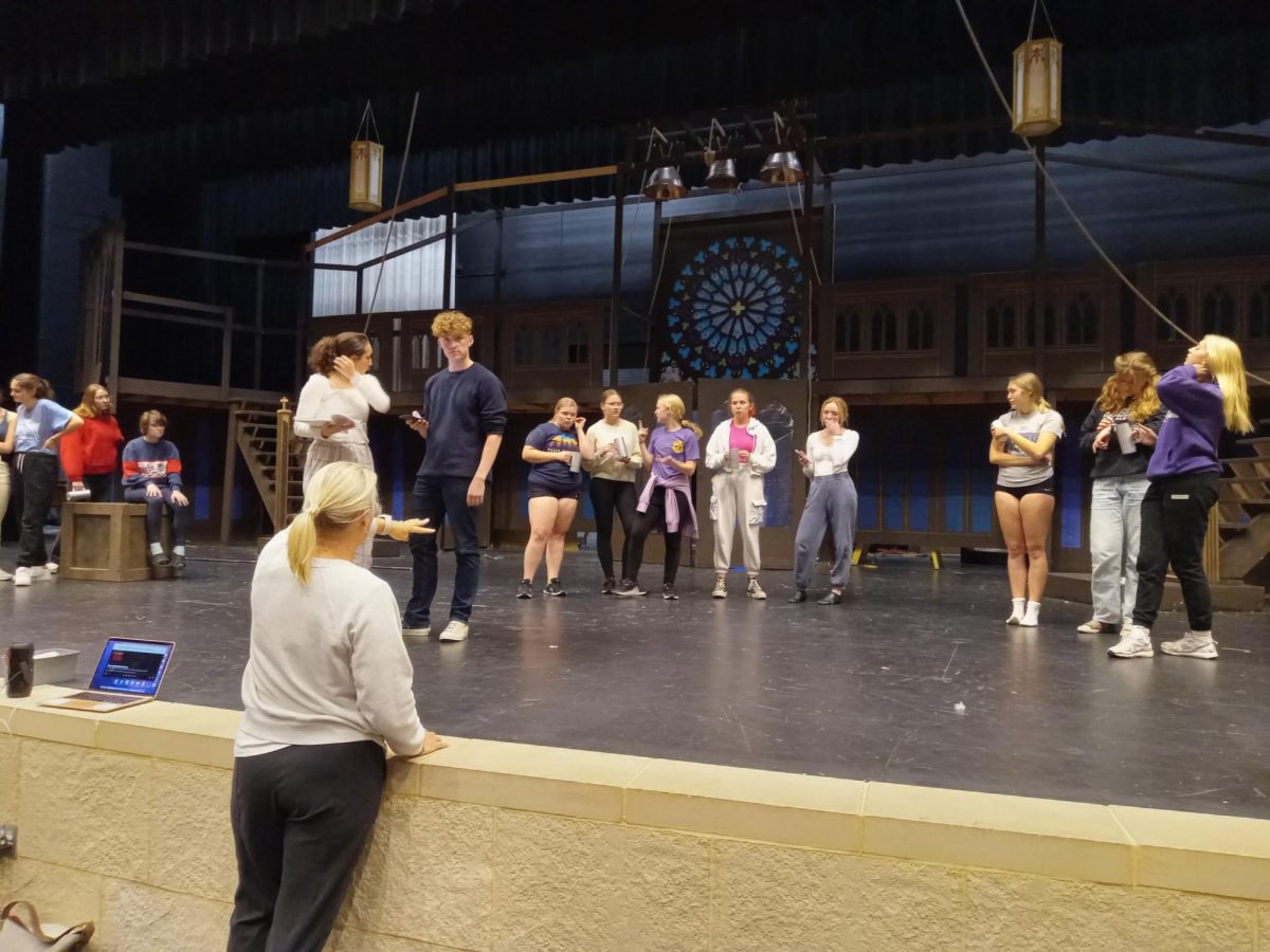 Students practicing new choreography in preparation for the musical "Hunchback of Notre Dame."