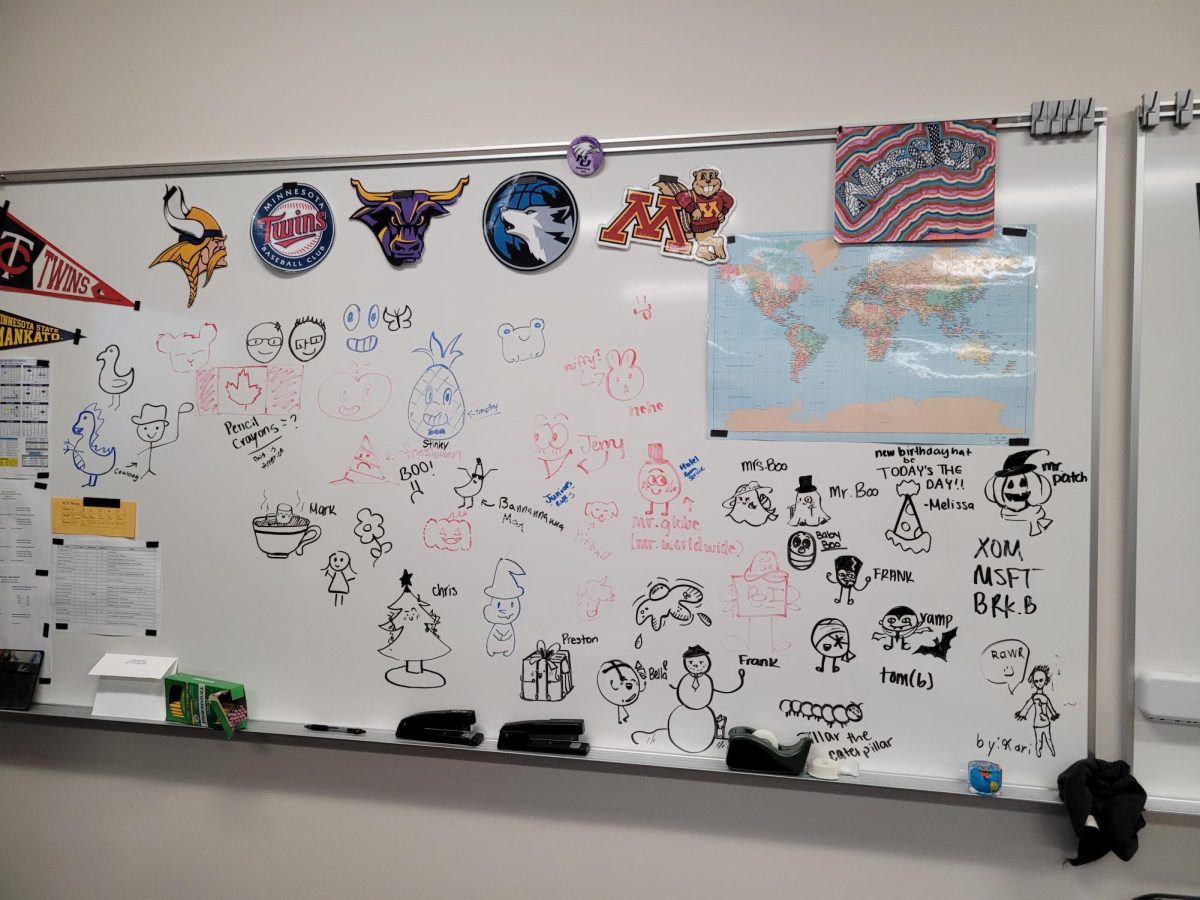Mr. Nessler's white board full of students drawings. 