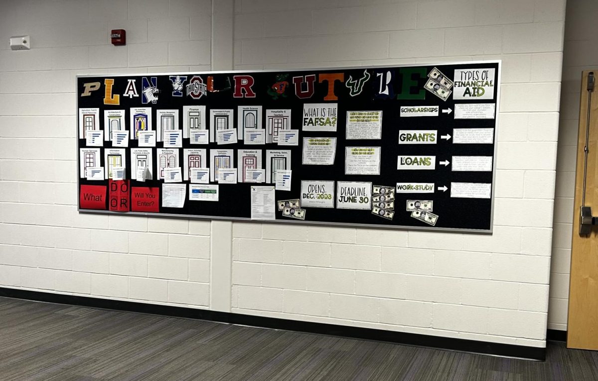 An informational board about careers and financial aid between the English and History hallways.