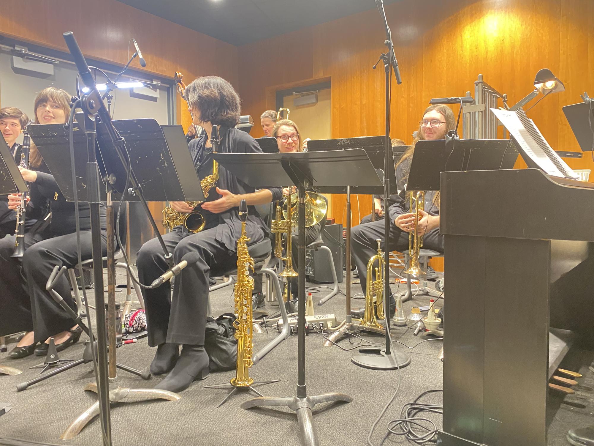 Philip Claussen, center, ready to perform in the pit.