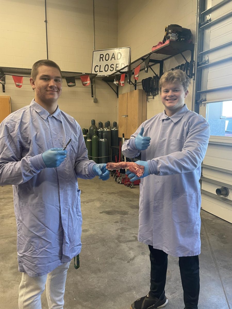 Seniors Cohen Carpenter (left) and Ethan Lieb hold an esophagus from a cow.