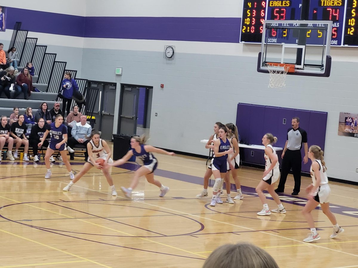 Women's Basketball playing hard to try and defeat Marshall Friday night. Five girls against five girls. Girls in purple are New Ulm Eagles, girls in white are Marshall.