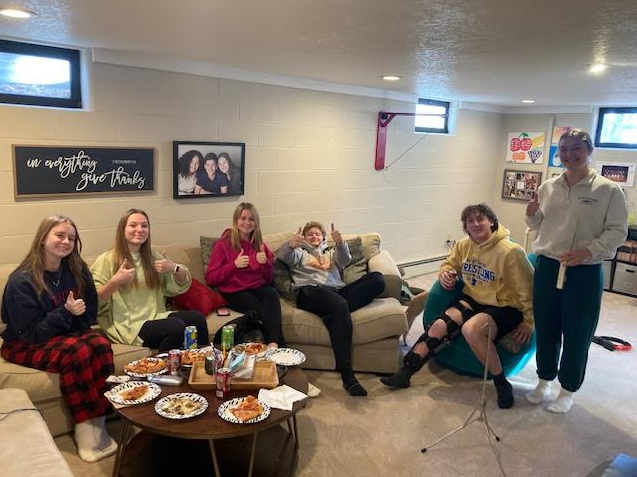 Taylor Hauenstein (left), Ella Ahrens, Morgan Hauenstein, Ethan Leib, Ty Frederick, Evelyn Friese (right) pose for a picture before speeches are presented