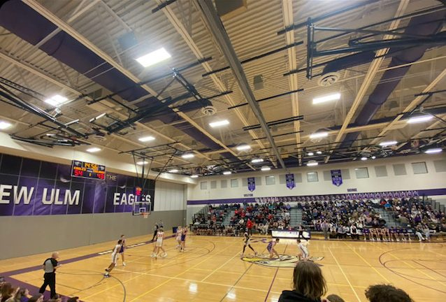 New Ulm Eagles boy basketball playing against Worthington Trojans