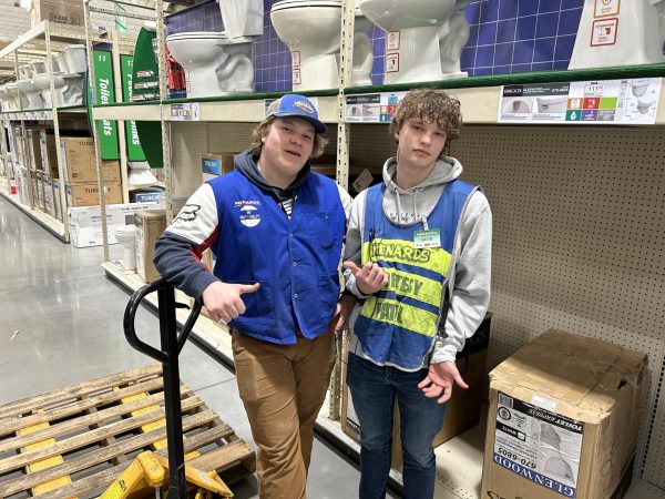 Hunter Lewandowski and Gavin Schaefer at work in Menards 