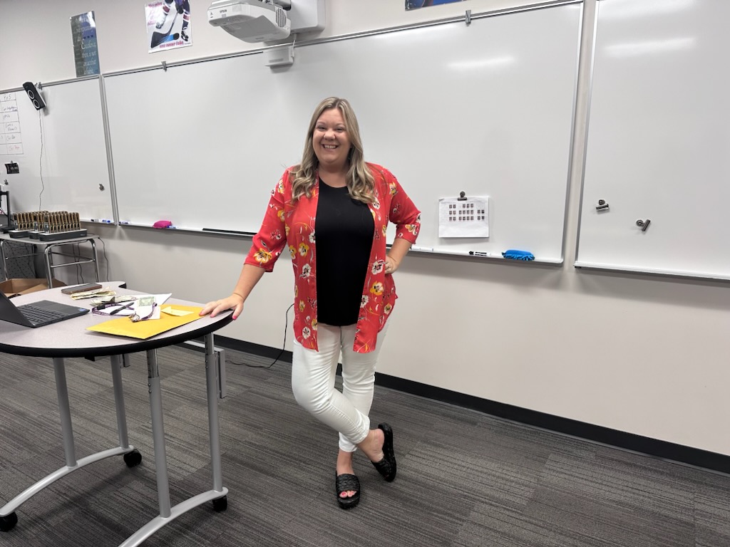 NUHS teacher Mrs. Marlow decked out for Tropical Tuesday. 