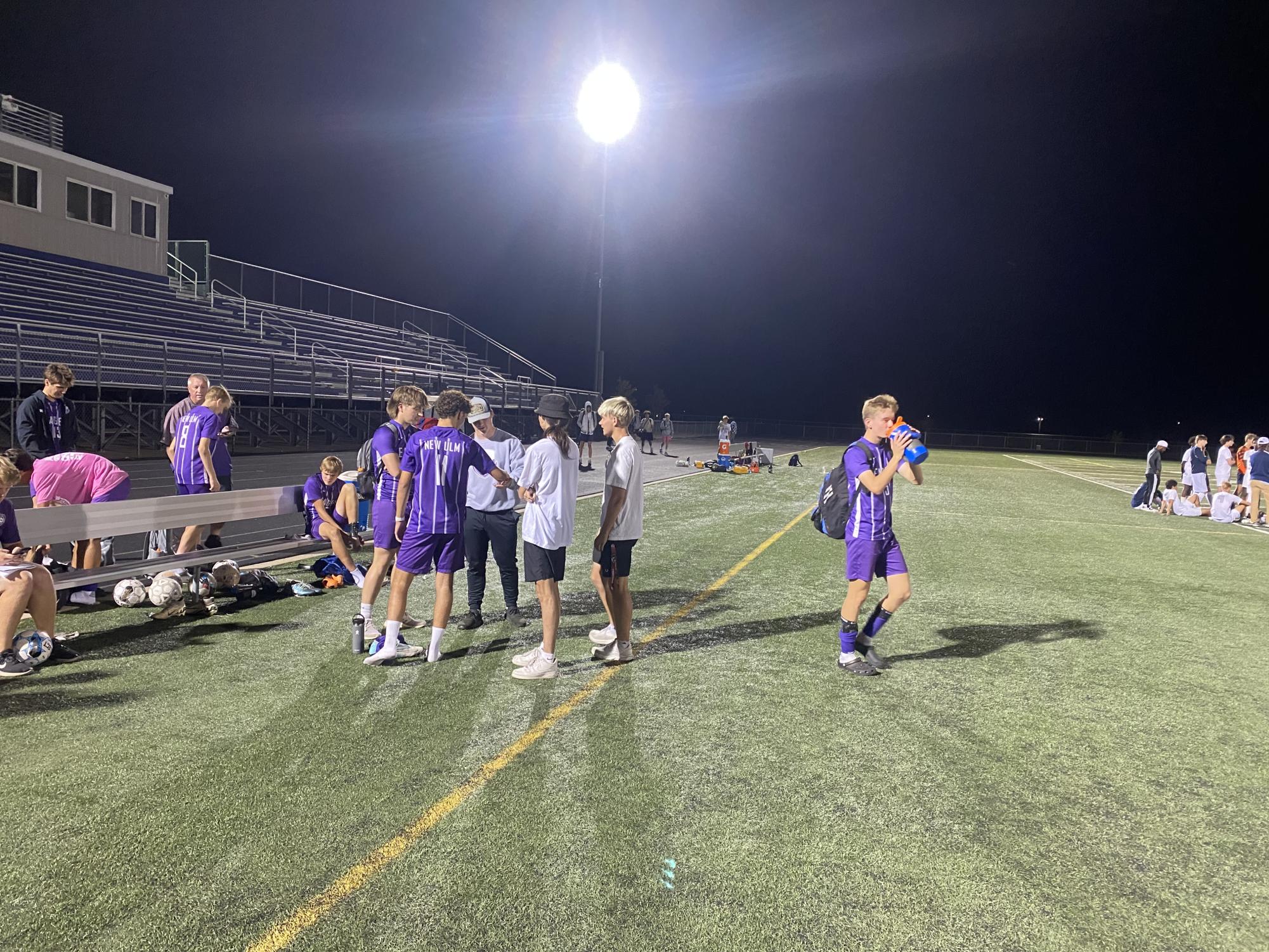 New Ulm boys soccer defeated St. Peter in the black division title game. The Eagles  shut out the Saints 5-0 on Thursday night. New Ulm coach Tim Plocher said, "The boys look ready for conference champs on Tuesday against Marshall."