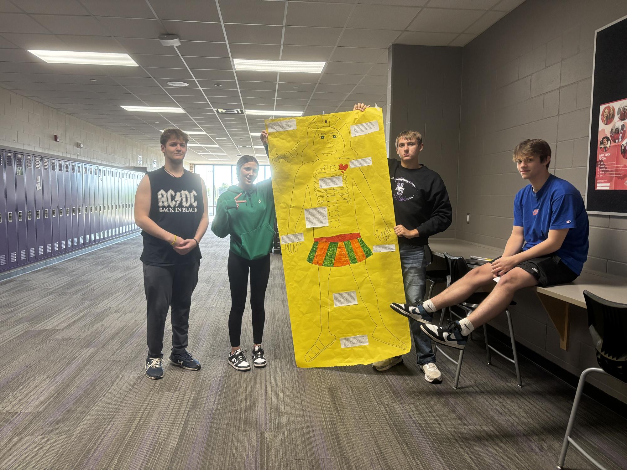 (L to R) Jevin Zamzow, Kayleigh Bejarano, Tilken Fruhwirth and Alec Netzke in Mr. Janssen's second-period world history work on their empire outline on Sept. 19, 2024. All world history classes just got done presenting their outlines. Mr. Bute, the empire outline creator, was asked how long they had been doing the project. "Probably since 2009, 2008," he said. That means that for 24 years, the empire outlines have been going strong!