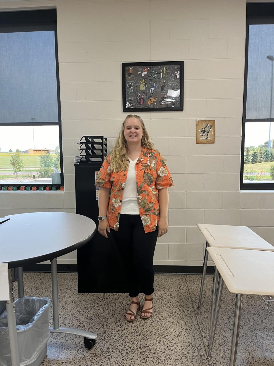 Science teacher tricked out for tropical Tuesday.