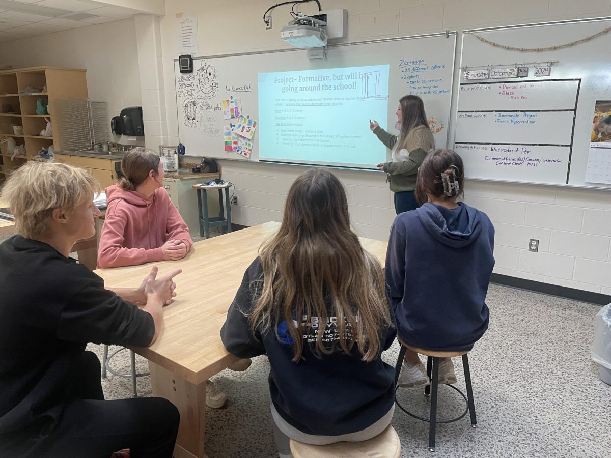 A group of seniors learning about mouse doors in Pottery and Sculpture taught by Ms. Page.