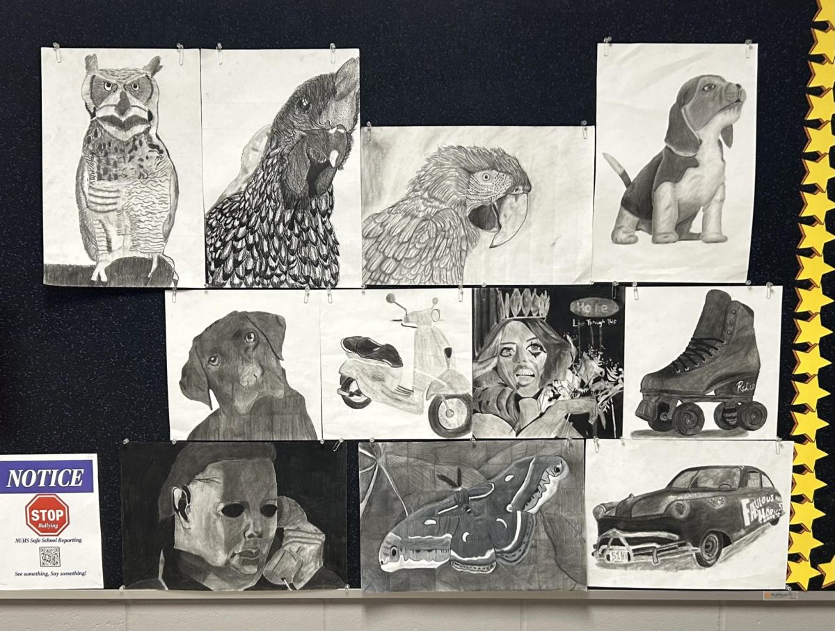 Photo taken of charcoal grid-drawings from the bulletin board in the hallway outside of the art room.