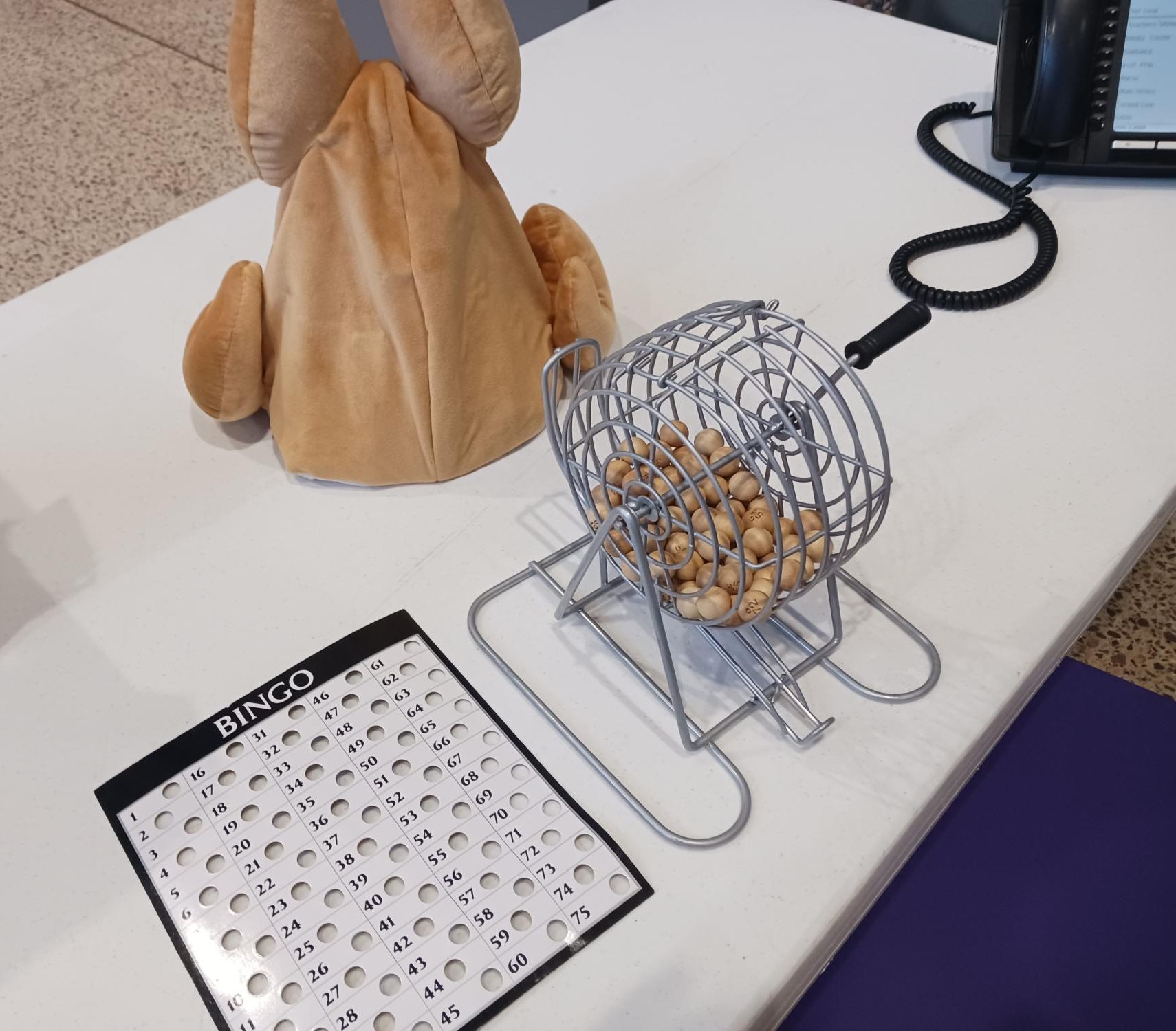 Bingo ball machine, turkey hat, and speaker all set up and ready for some Thanksgiving turkey bingo