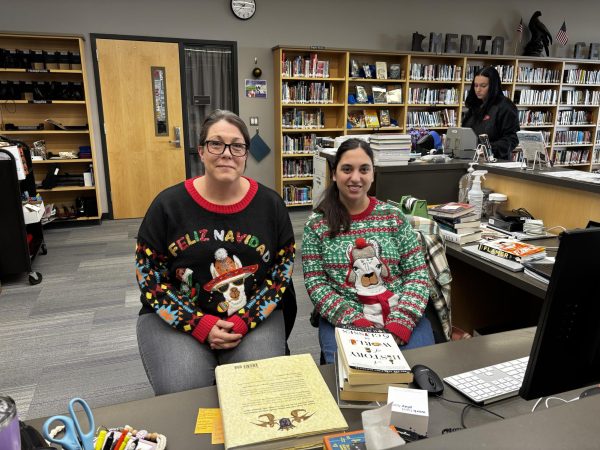 In the sweater spirit for Turkey Bingo with Media Center Staff 