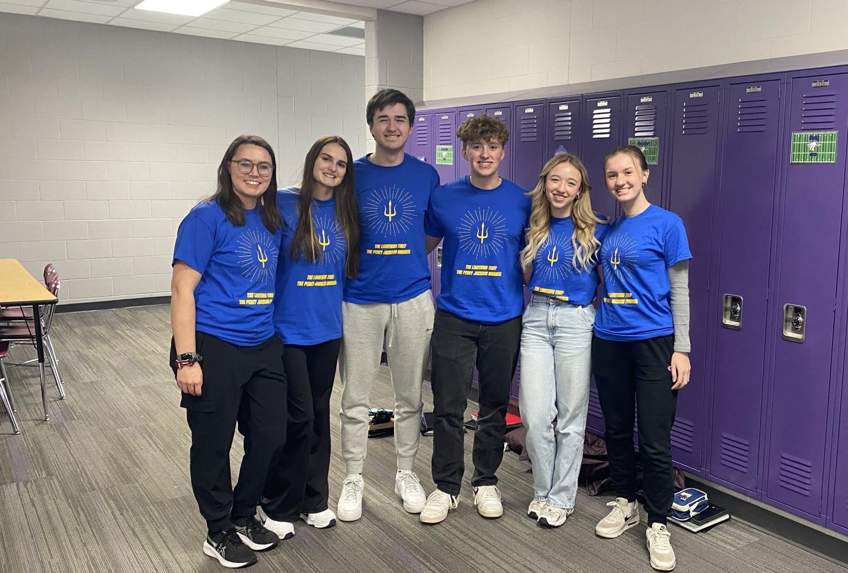 Smilin' and stylin': (from left) Director Carissa Cowles, Katelyn Schumacher, Tyson Goold, Brooks Miner, Carly Wenninger, and Josie Stade decked out in their Percy Ts the day of the show.