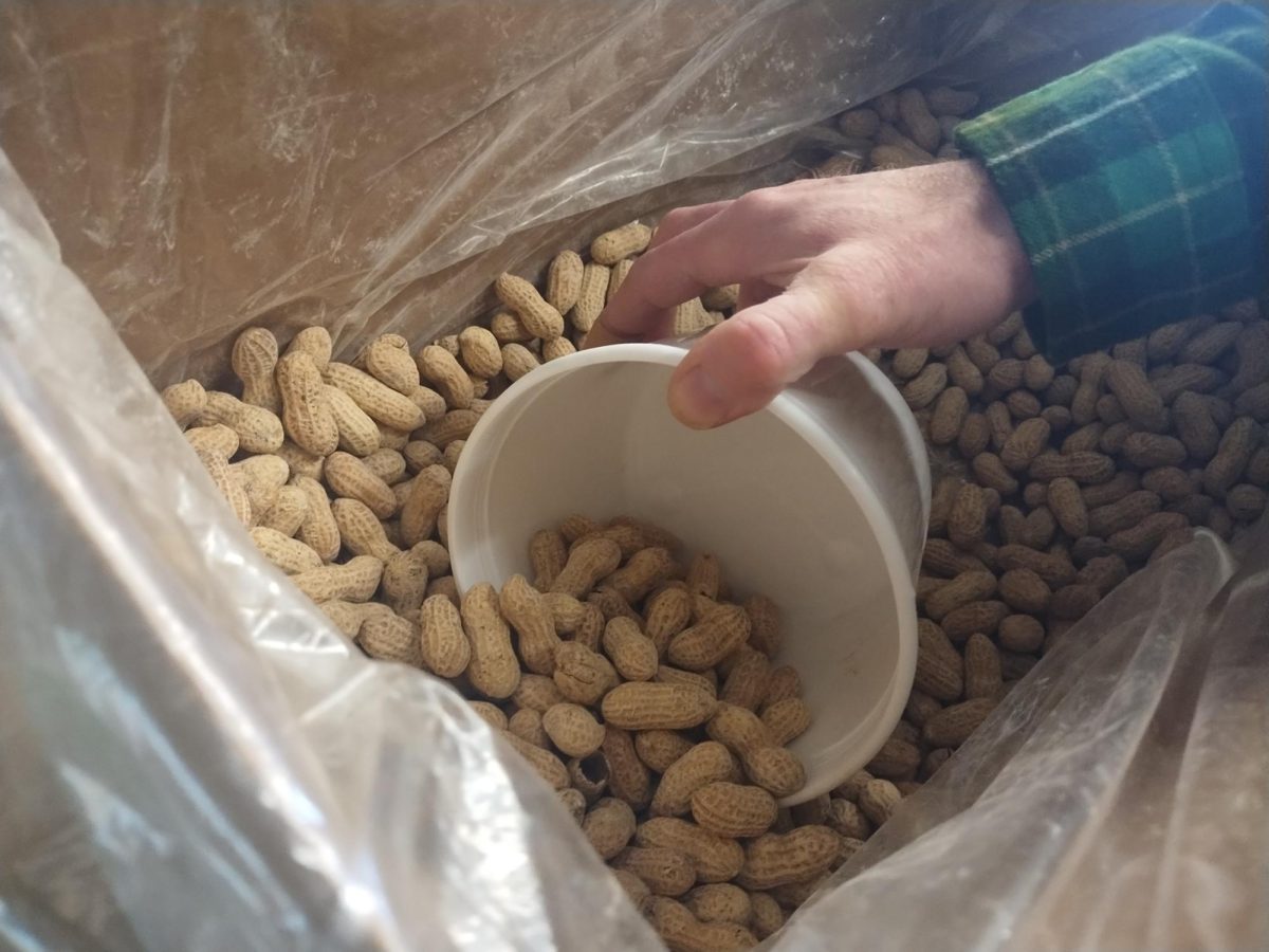 The peanut bucket set out on each of the tables. 