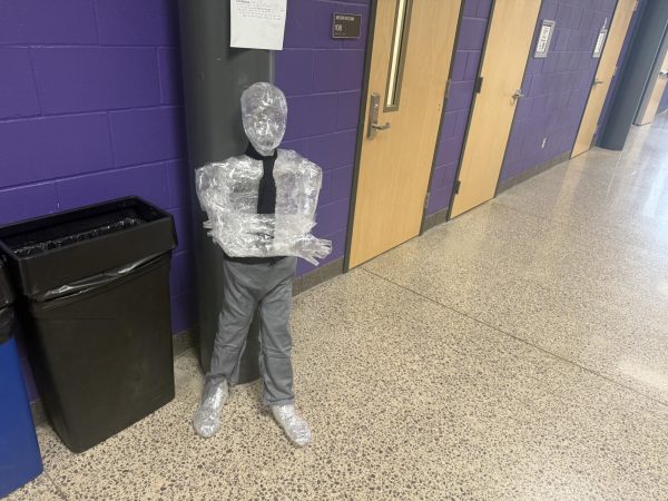 Plastic figures are placed all around the building.
