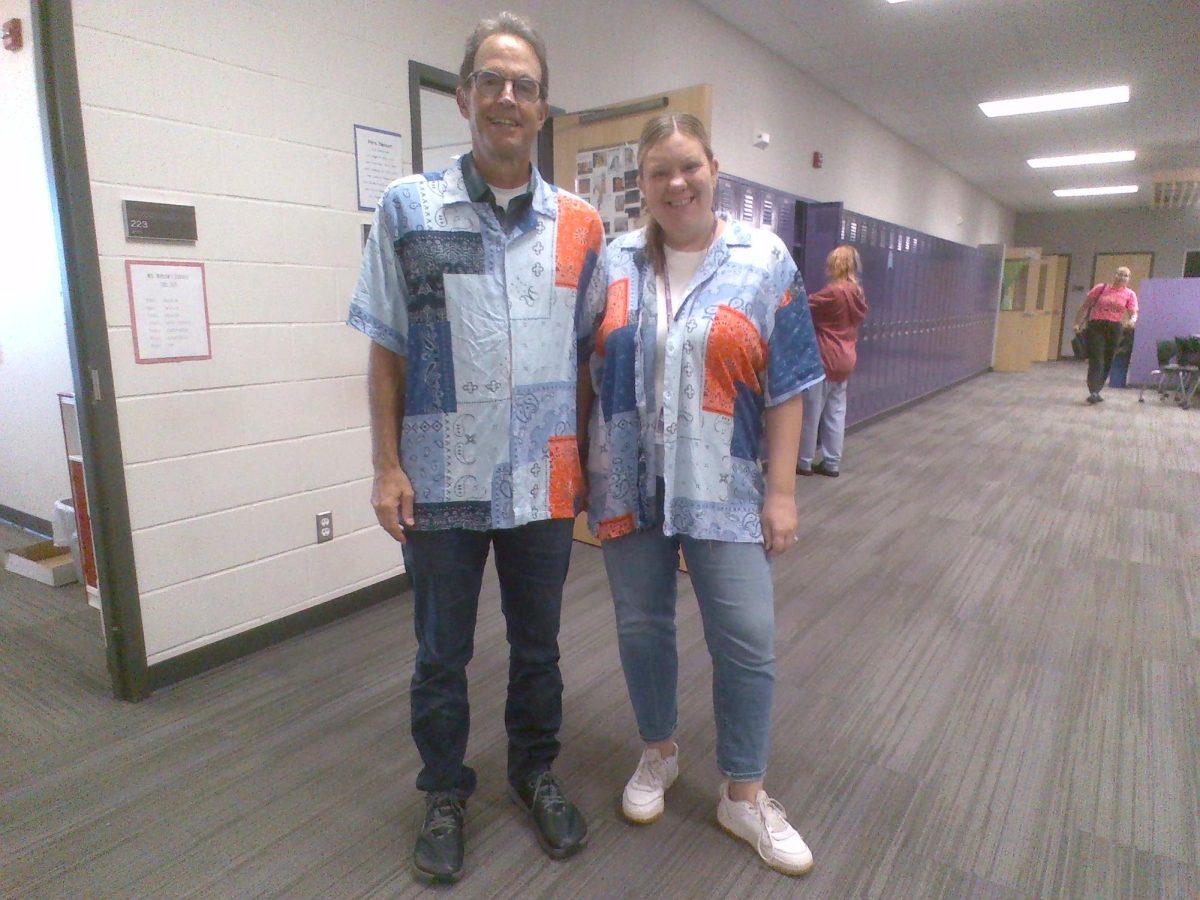 Teachers Mr. Engeldinger and Mrs. Marlow dressed up for twin day.