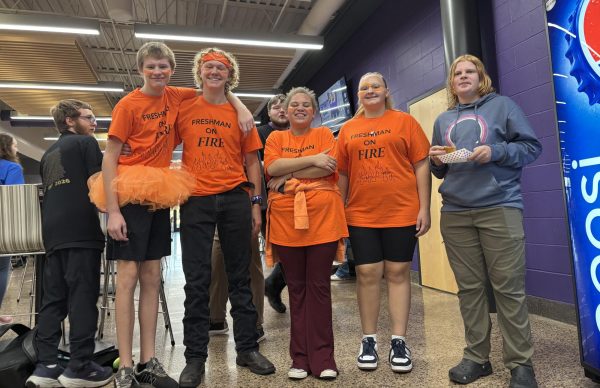 Freshmen Nathaniel Prechel, Trinity Johnson, Kaydence Wiley, Brandon Jones, and Logan Sondag-Bode show their grade spirit by dressing up for Battle of The Classes during Homecoming week.