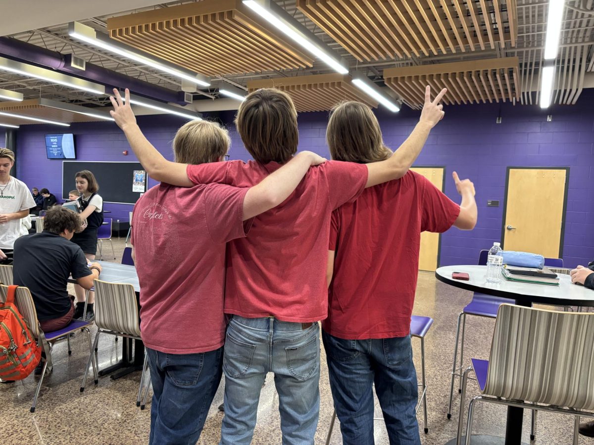 From left to right, Seniors Gage Latozke, Jonathan Meier, and Zachary Oswald dressed as "Joe" for twin day during homecoming. 