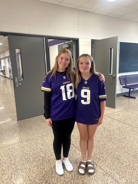 Sophomore Elizabeth Miller and Freshman Maddie Hoffmann are rocking their Vikings jerseys on jersey vs.referee day.