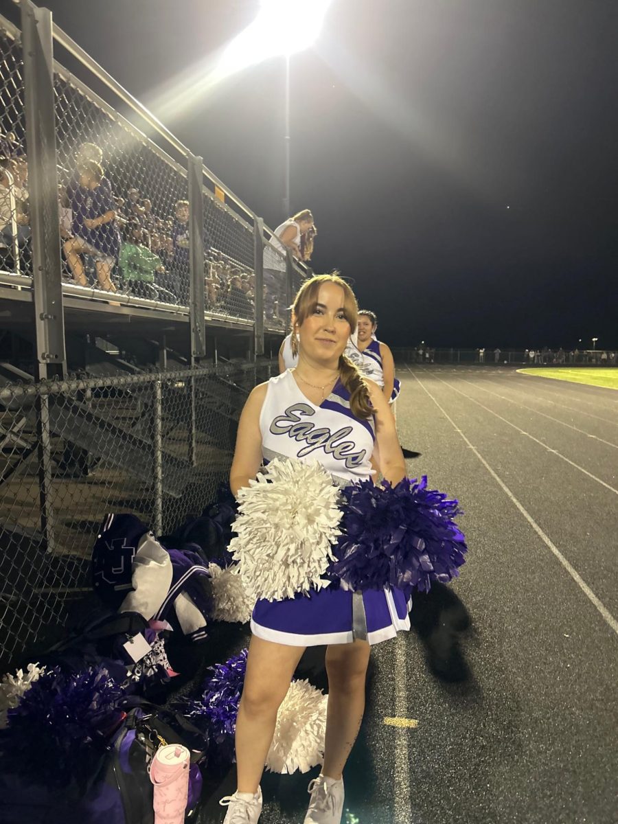 French foreign exchange student Ambre Dubicki is seen cheering at the New Ulm Eagles homecoming game on Friday night. Ambre recently joined the New Ulm Eagles cheer team only two weeks ago. She has been getting the hang of all of the cheers and how American football works. "I've really been enjoying Cheer here, we don't have anything similar in my home country," Ambre said.