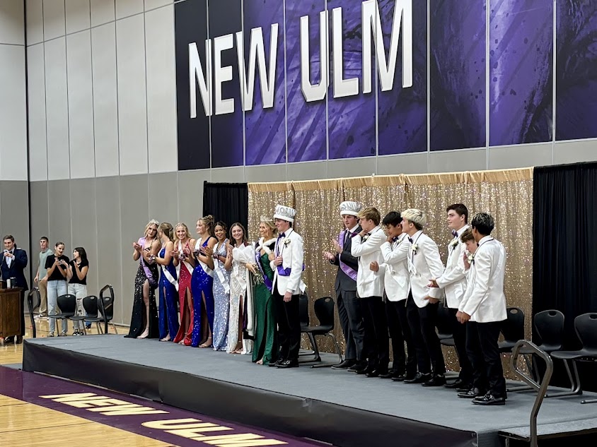 Left to right: former Queen Ramsey Hopp, Isabelle Longtin, Brooklyn Lewis, Betsy Joyce, Kaylee Evans, Jordan Boettger, Queen Lauren Schmiesing, King Daniel Brownfield, former King Cullen Slette, Brady Dennis, Collin Forstner, Dirk Haynes, Zach Hubbard, Tegan Kral, Jackson Ocampo
