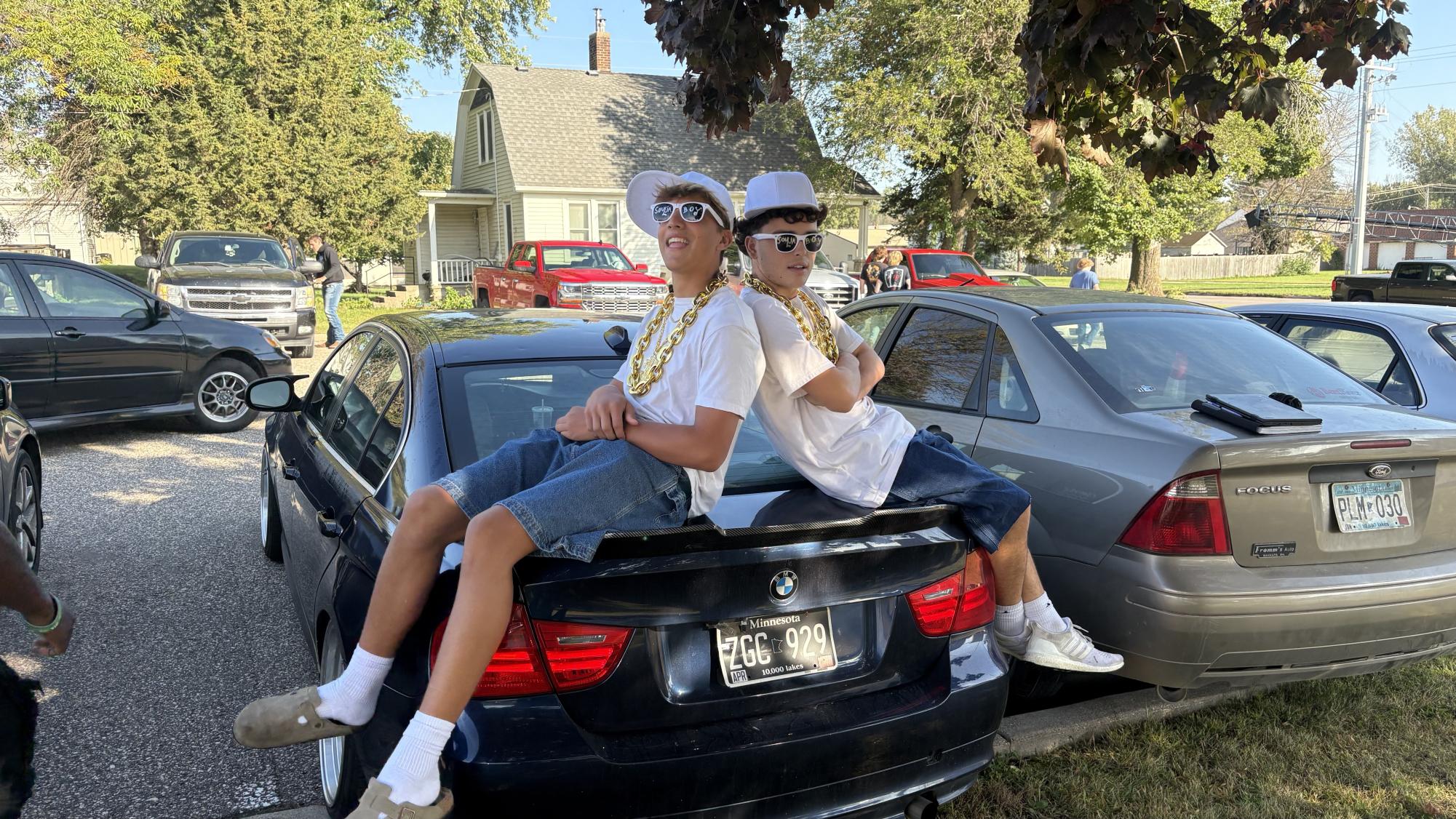 left to right seniors Braylon Jensen and Jullian Hanson dressed up as Soulja Boy for twin day 